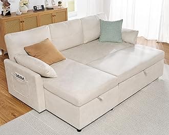 Sofa Bed, Sofa Sleeper with Storage Chaise, L Shape Pull Out Couch Bed, Oversized Sofas for Living Room-Off-White Leathaire