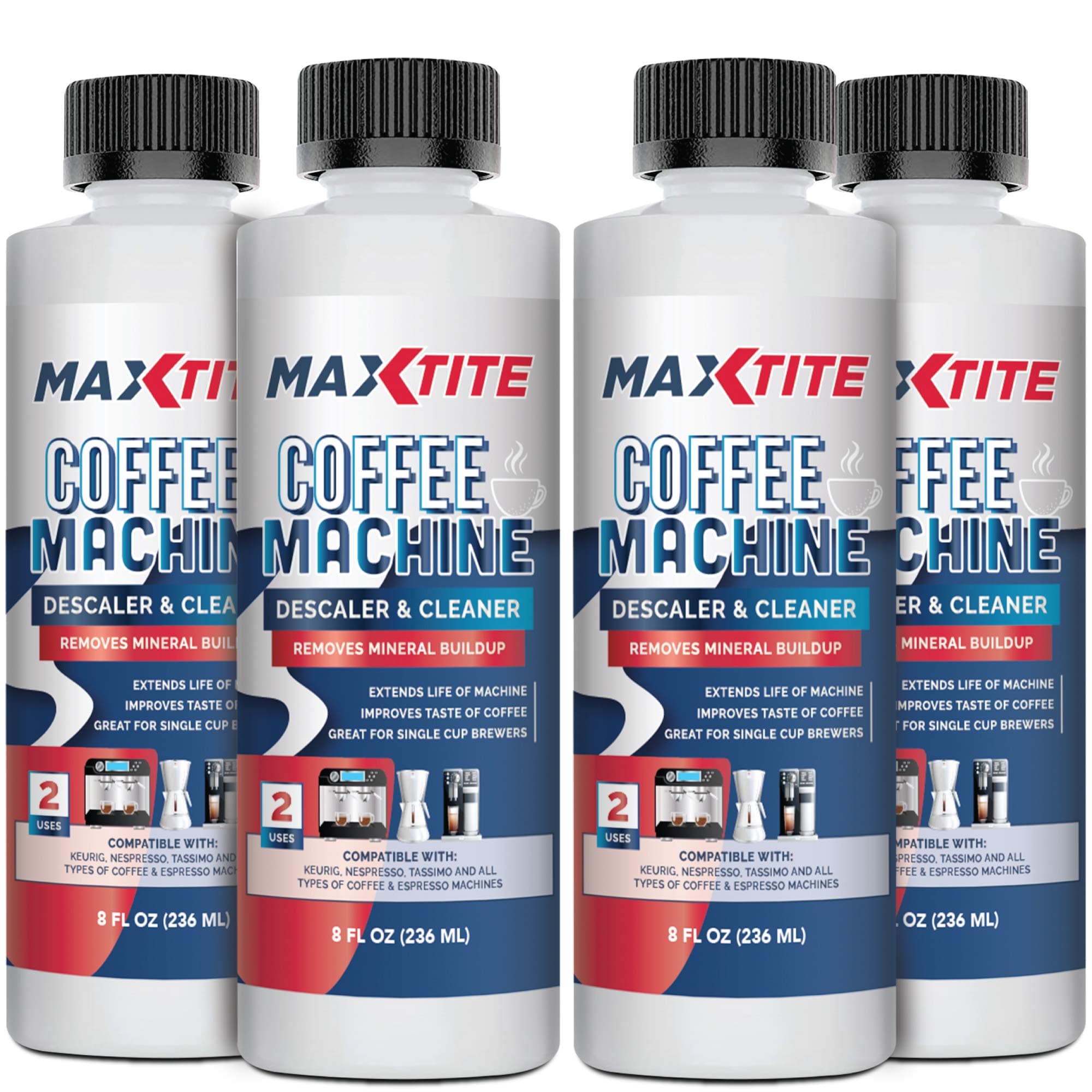 MAXTITE8oz Coffee Machine Descaler 4 PACK, 2 USES PER BOTTLE, Coffee Pot Cleaner, Coffee Maker Cleaner, Descaler Solution, Coffee Maker Cleaner And Descaler, Espresso Machine Cleaner, Kettle Descaler