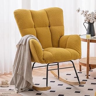NIOIIKIT Nursery Rocking Chair Teddy Upholstered Glider Rocker Rocking Accent Chair Padded Seat with High Backrest Armchair Comfy Side Chair for Living Room Bedroom Offices (Yellow Teddy)