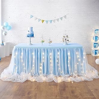 leegleri Baby Blue Tulle Table Skirt for Baby Shower,6FT Blue Ruffle Tutu Table Skirt with LED Light for Elephant Birthday Party Ocean Baby Shark Gender Reveal Cake Table Decorations