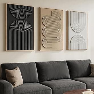 Large 3D Textured Framed Boho Neutral Abstract Wall Art, Set of 3 Modern Paintings Artwork for Walls, Black White Brown Minimalist Geometric Pictures for Living Room, Entryway, Dining Room Wall Decor