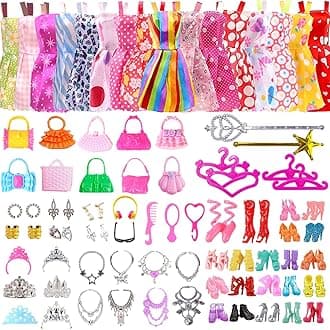 96 PCS Doll Clothes and Accessories for 11.5 inch Doll 16 Slip Dresses 20 Pair of Shoes 10 Handbags 30 Jewelry Accessories Fashion Outfits Necklace Mirror Earring Crown Hanger in Random