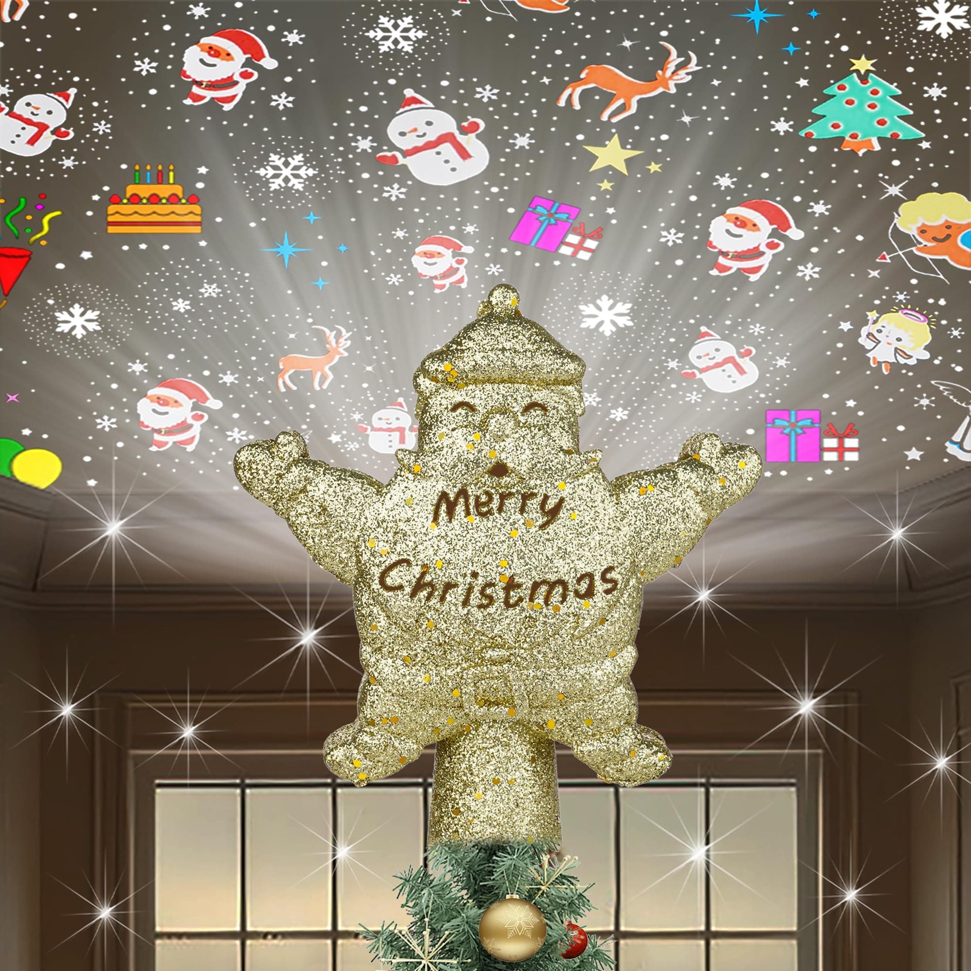 CCbodilyChristmas Tree Topper Star LED Rotating - 5 Projection Modes Lighted Glitter Sparkling Holiday Decor Gift Gold