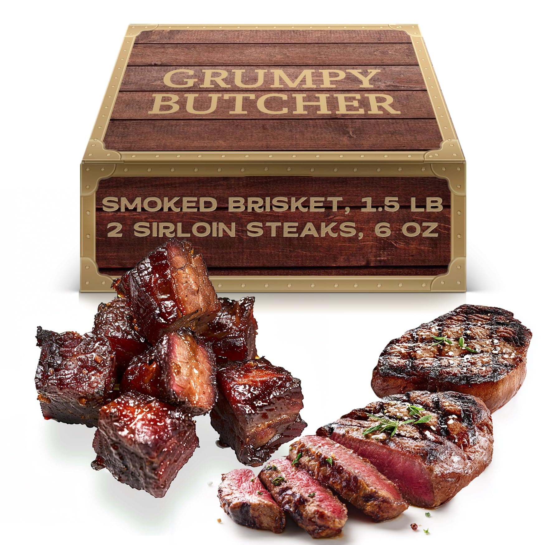 Grumpy Butcher Variety Steak House Meat Box, Includes 2 Top Beef Sirloin Steaks & Smoked Beef Brisket, Premium Frozen Steak Gift Box, Gourmet Food Gift Basket for Meat Lovers, Juicy Steak Cuts