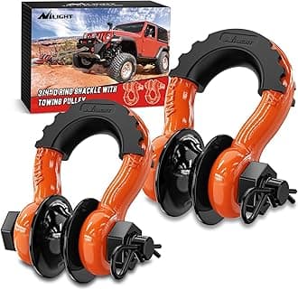 Nilight 3/4" D Ring Shackle with Towing Pulley 2 Pack 4.75 Ton (9500 Lbs) 7/8" Pin Heavy Duty Off Road Recovery Shackle with Isolators Washer Kit for Jeep Truck Tractor Vehicle ATV UTV, Orange