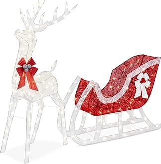 Lighted Christmas 4ft Reindeer & Sleigh Holiday Outdoor Yard Decoration Set w/ 205 LED Lights, Stakes, Zip Ties - White