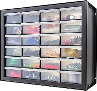 Plastic Storage Drawers, Made in USA, 24-Drawer Small Parts Organizer, Stackable Teacher Toolbox for Hardware, Screws, Nuts & Bolts, Stickers, Beads, Building Bricks, Garage Storage – Black