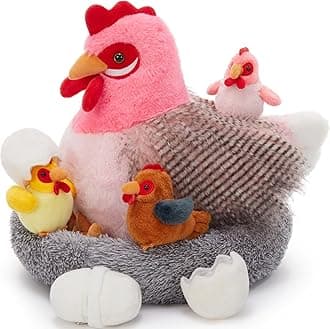 8Pcs Chicken Stuffed Animal, Stuffed Pink Hen with Little Baby Chicks and Coop, Plush Toys for Kids, Hit of Christmas Farm Party