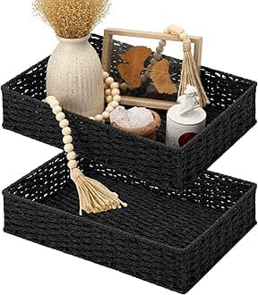 StorageWorks Bathroom Vanity Tray for Countertop, Bathroom Counter Tray for Decorative, Toilet Paper Baskets, Black, Larger, 2 Pack