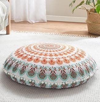 Codi Meditation Floor Pillow, Round Large Pillows Seating for Adults, Bohemian Mandala Circle Cushion for Outdoor Fireplace Yoga Living Room, 32 Inch, Memory Foam Added, Coral