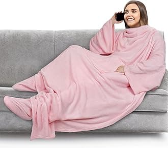 Fleece Blanket with Sleeves, Foot Pockets for Women Men Adults, Plush Wearable Blanket Throw Wrap, Warm Snuggle Blanket Robe, Cozy Gift Ideas Wife Mom, Light Pink