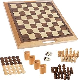 Hey! Play! 3-in-1 Chess, Backgammon, and Checkers Set – Wooden Board Game Set Folds for Practical Storage and Transport – Travel Board Games by Trademark Games