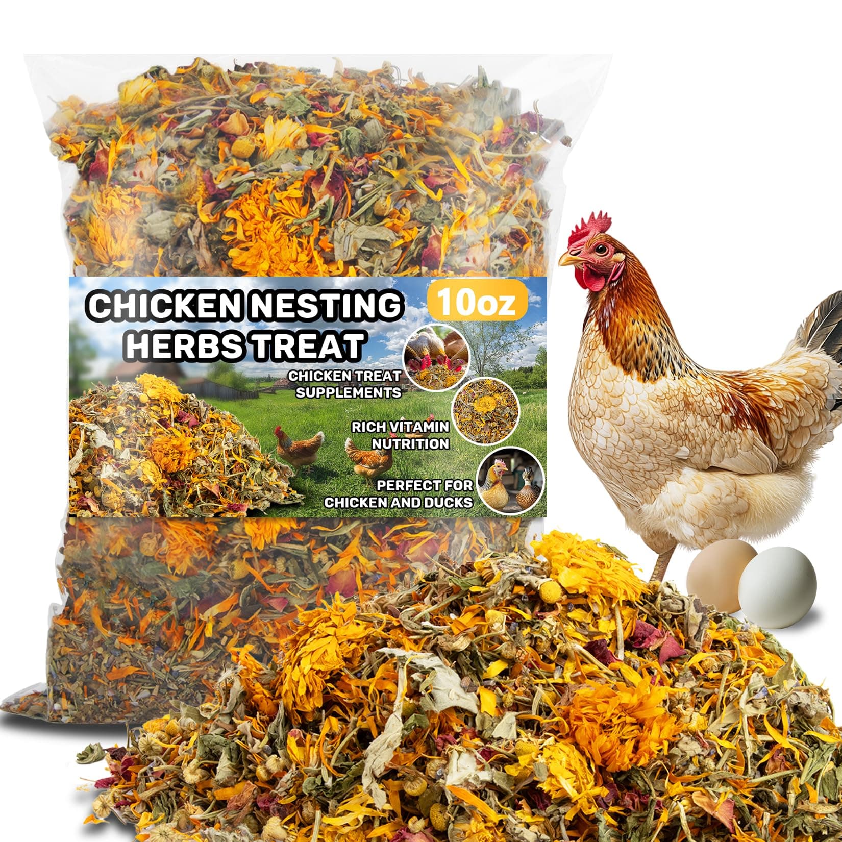 10oz Chicken Nesting Herbs - Dried Herb Layer Feed Coop and Run Insulation Roosting Bars for Box Pads Supplies Laying Hens Chicks Vacuum Packed Bedding Winter