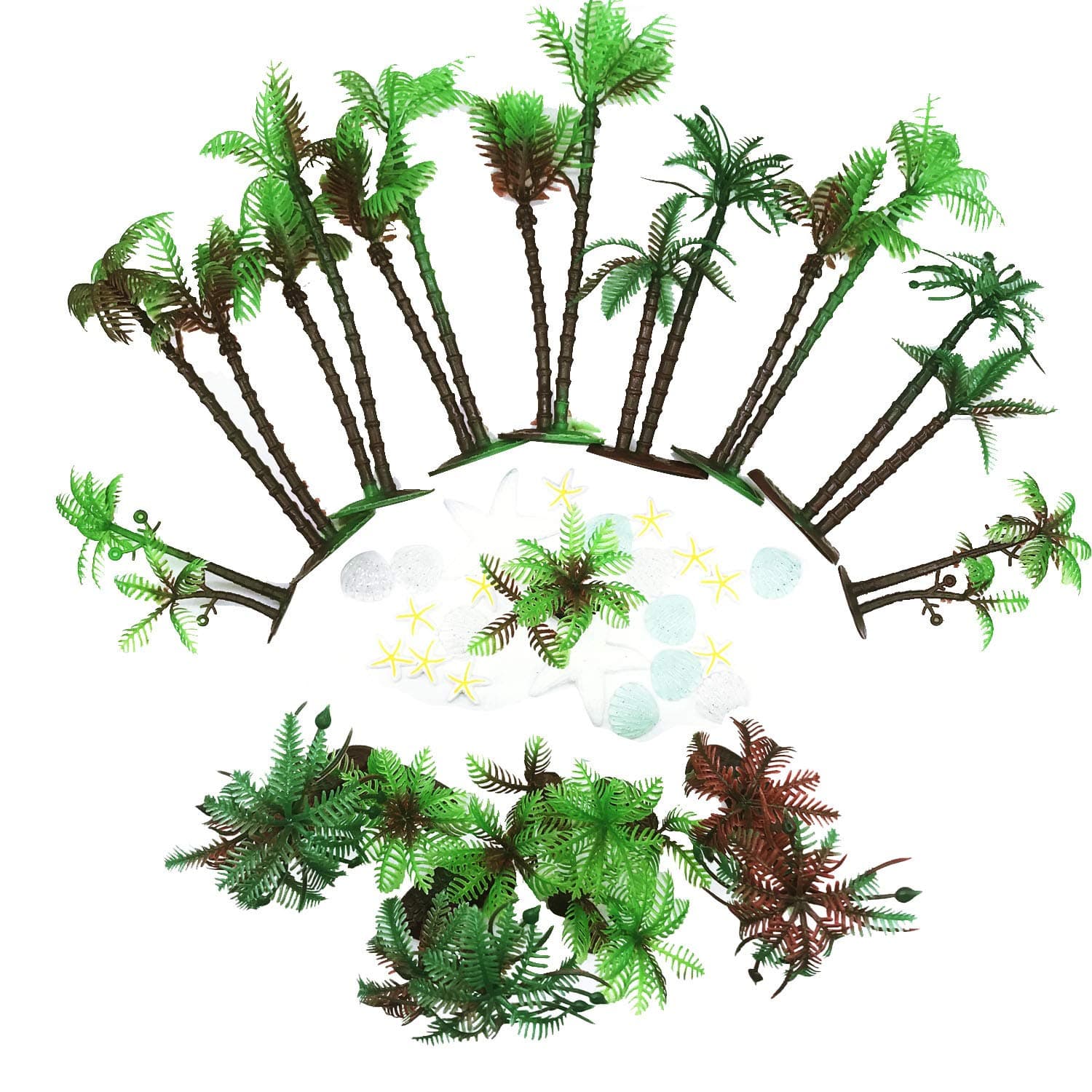 42 PCS Coconut Palm Tree, 20 PCS Mini Plastic Artificial Palm Tree, 22 PCS Shell and Starfish for Cupcake Topper, Cake Decorations, Aquarium Plants, Building Model Landscape