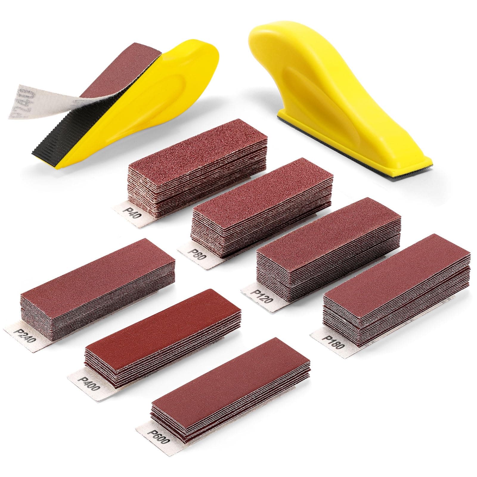 POLIWELL Micro Sanding Tools 3.5” x 1” Detail Sander for Small Projects, Mini Handle Sander Kit+ Sandpaper 40 80 120 180 240 400 600 Grit for Crafts Wood Finishing Tight Narrow Spaces, 120 PCS