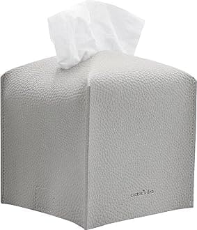 Tissue Box Cover Holder, Square with Bottom Belt by Carrot's Den - PU Leather Decorative Organizer for Tabletop, Bathroom, Car, Office | Pastel Gray