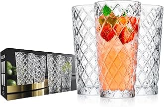 Drinking Glasses Set of 4. Tall Highball Glasses. 14oz. Textured Diamond Cut Elegant Drinking Glass Cups- Kitchen Glassware for Water, Iced Tea, Juice, Cocktail.