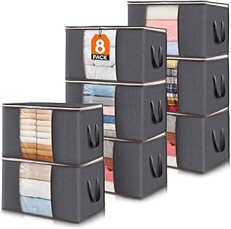 Lifewit 8 Pack 60L Clothes Storage Bins with Lids, Foldable Blanket Storage Bags with Zippers, Clear Window and Reinforced Handles, Closet and Organization for Clothing, Sweater, Comforter, Bedding