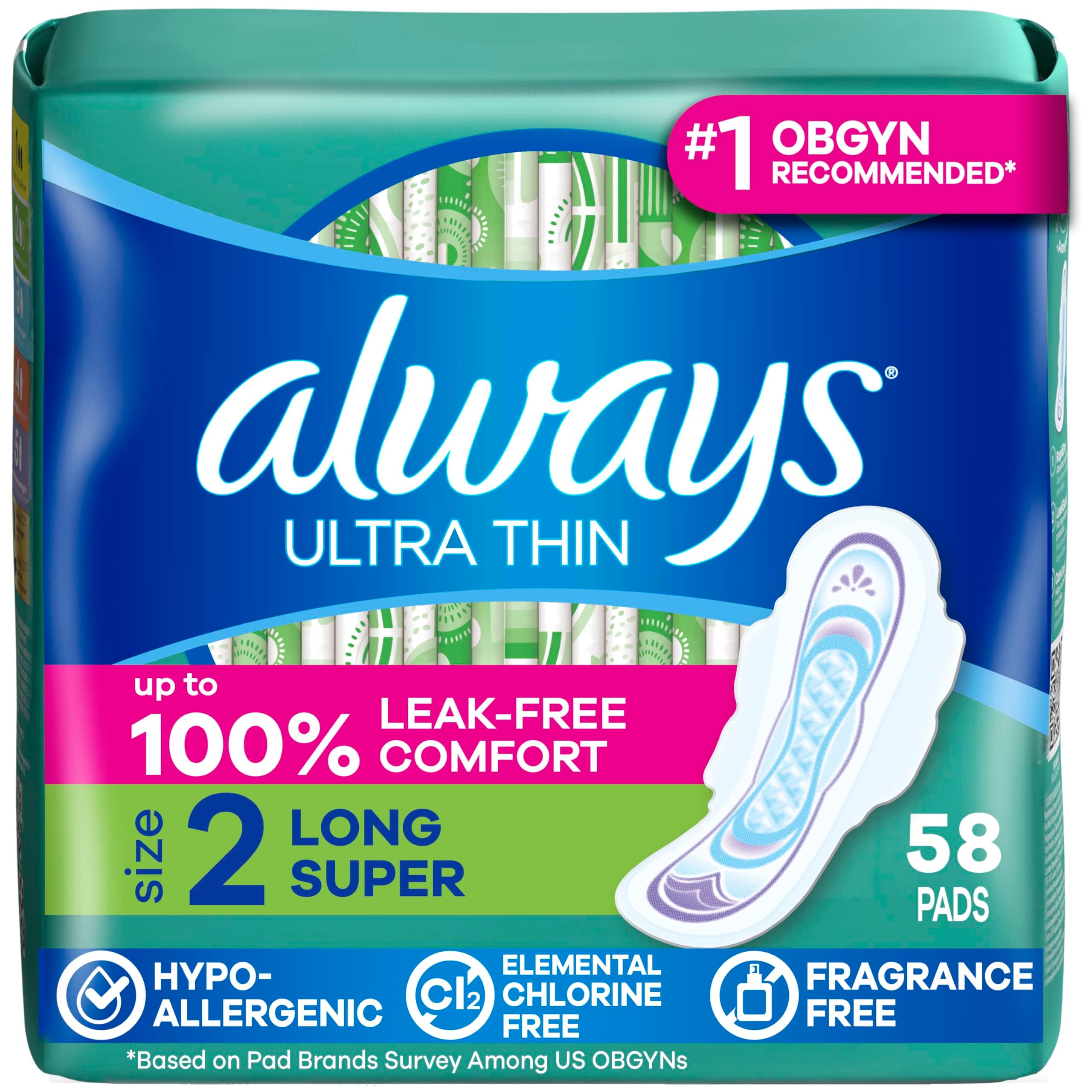 Always Ultra Thin Pads with Wings, Size 2, Long Super, 58 Count