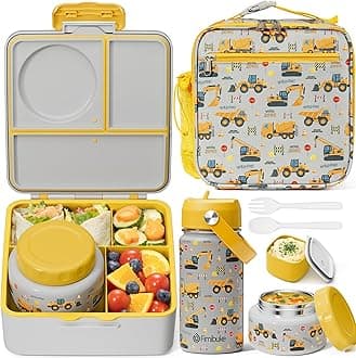 Fimibuke Bento Box for Kids Adult - Leakproof 3-4 Compartments Lunch Bento Box Set with Insulated Thermos Food Jar, Water Bottle, Lunch Bag, Sauce Cup & Cutlery for Toddler Teen Shcool Girl Boy Age 3+