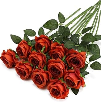 Orange Fake Roses Artificial Flowers - 10 Pcs Fake Artificial Roses Silk Flowers with Stems for Home Wedding Hotel Office Centerpiece Decor（Burnt Orange）