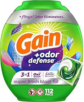 Flings Laundry Detergent Pacs with Odor Defense, 112 Count, Super Fresh Blast Scent, HE 3in1 with Febreze and Oxi