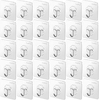 HASTHIP® 30 Pack Wall Hooks Strong Acrylic Backing Glue Walls Hook Self-Adhesive Wall Hooks for Bathroom, Kitchen Waterproof Ultra Adhesive Walls Hook (Clear)