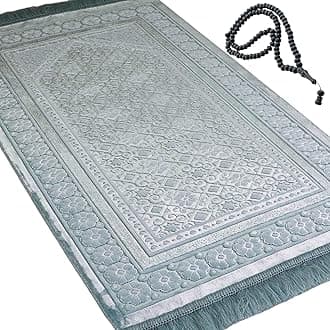 Modefa Velvet Islamic Prayer Rug with Prayer Beads Turkish Janamaz Sajadah Floral Stamp Luxury Plush (Light Blue)