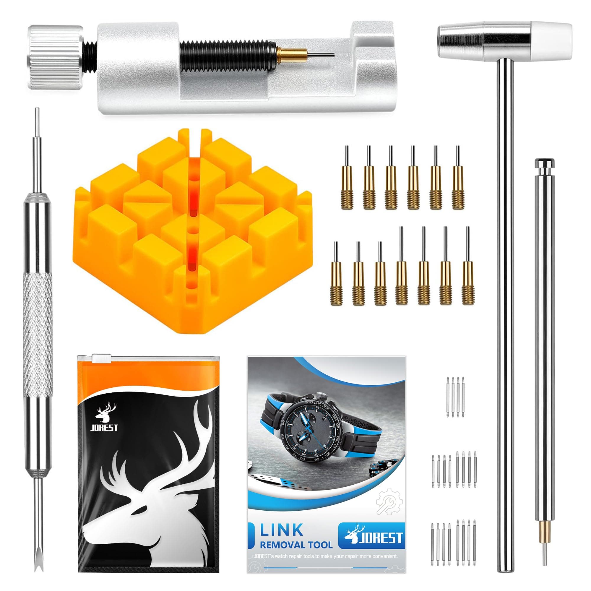 【JOREST】Watch Strap Adjustment Tool Set, Watch Strap Replacement Tool, Spring Bar Remover, Watch Pin Removal Tool, Instruction Manual, 20 Spring Bars, 13 Replacement Pins, Instruction Manual (English