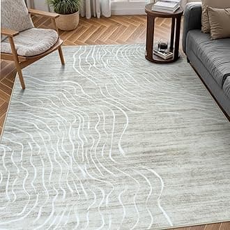 LIVEBOX Machine Washable Modern Abstract 6x9 Area Rug Clearance, Non Slip Large Bedroom Living Room Nursery Girl Rug Minimalist Wave Striped Neutral Boys Rug, Carpet for Playroom(Beige,6'x9')