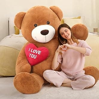 MorisMos Giant I Love You Teddy Bear with Heart, XXL 130cm Dark Brown Love Teddy Bear for Girlfriend, Large Teddy with Red Heart, Big Cute Soft Bear Gift for Kids Wife Birthday Mothers Day Decor