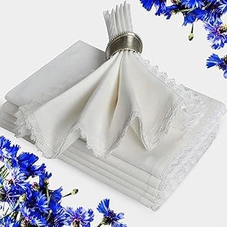 White Cotton Cloth Dinner Napkins 20x20 with Lace Trim Set of 6– Elegant Wedding & Cocktail Table Napkins, Mitered Corners, Machine Washable Fabric, Reusable,