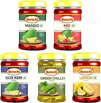 Suruchi Pickle Combo Pack of 5 | Mango Pickle, Lemon Pickle, Gor Keri, Mix Pickle, Green Chilly Pickle - 325g Each | Home made Achar | Natural Ingredients