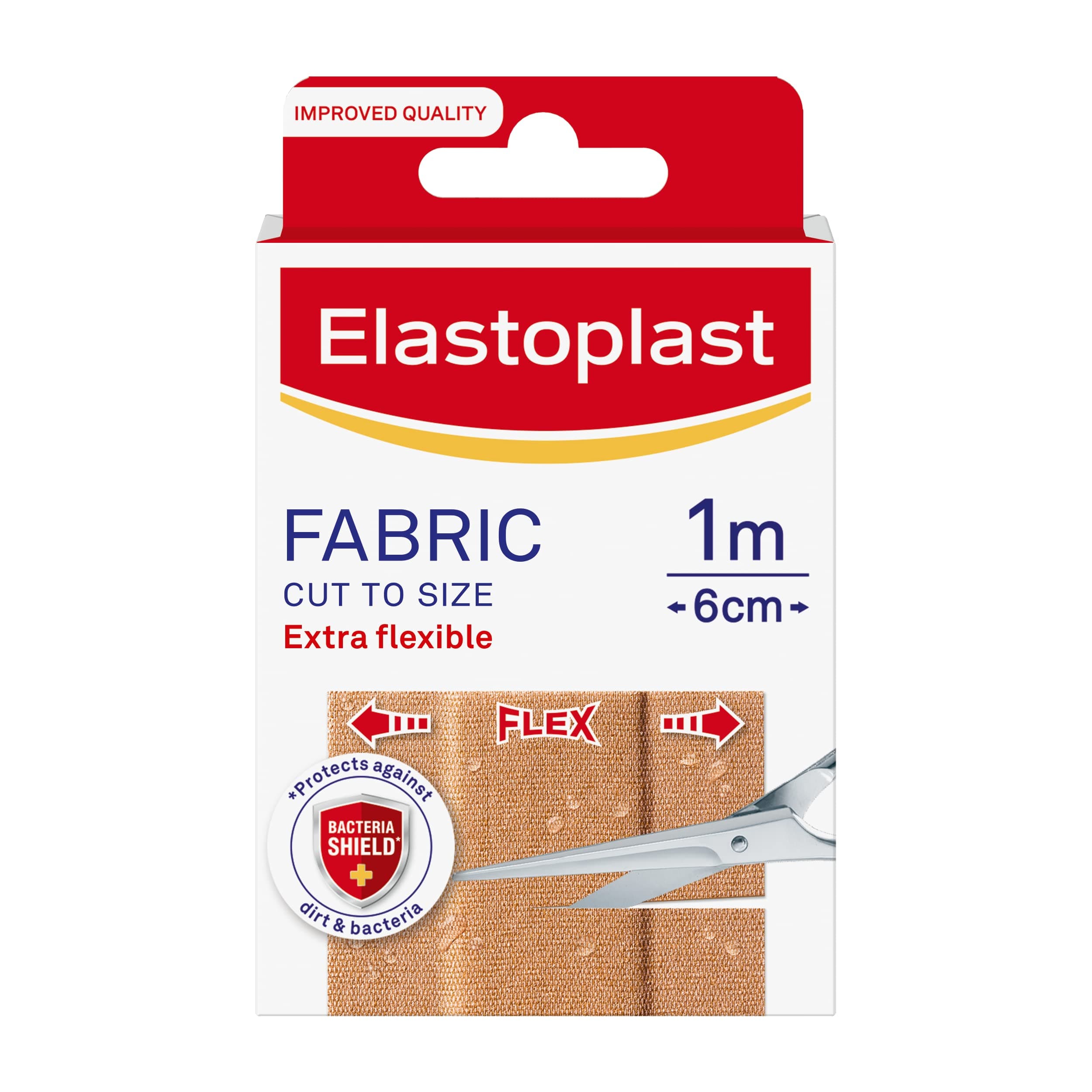 Elastoplast Extra Flexible Fabric Plasters, 1m x 6cm, 10 Strips, Water-Repellent & Breathable, Strong Adhesion, Non-Stick Woundpad