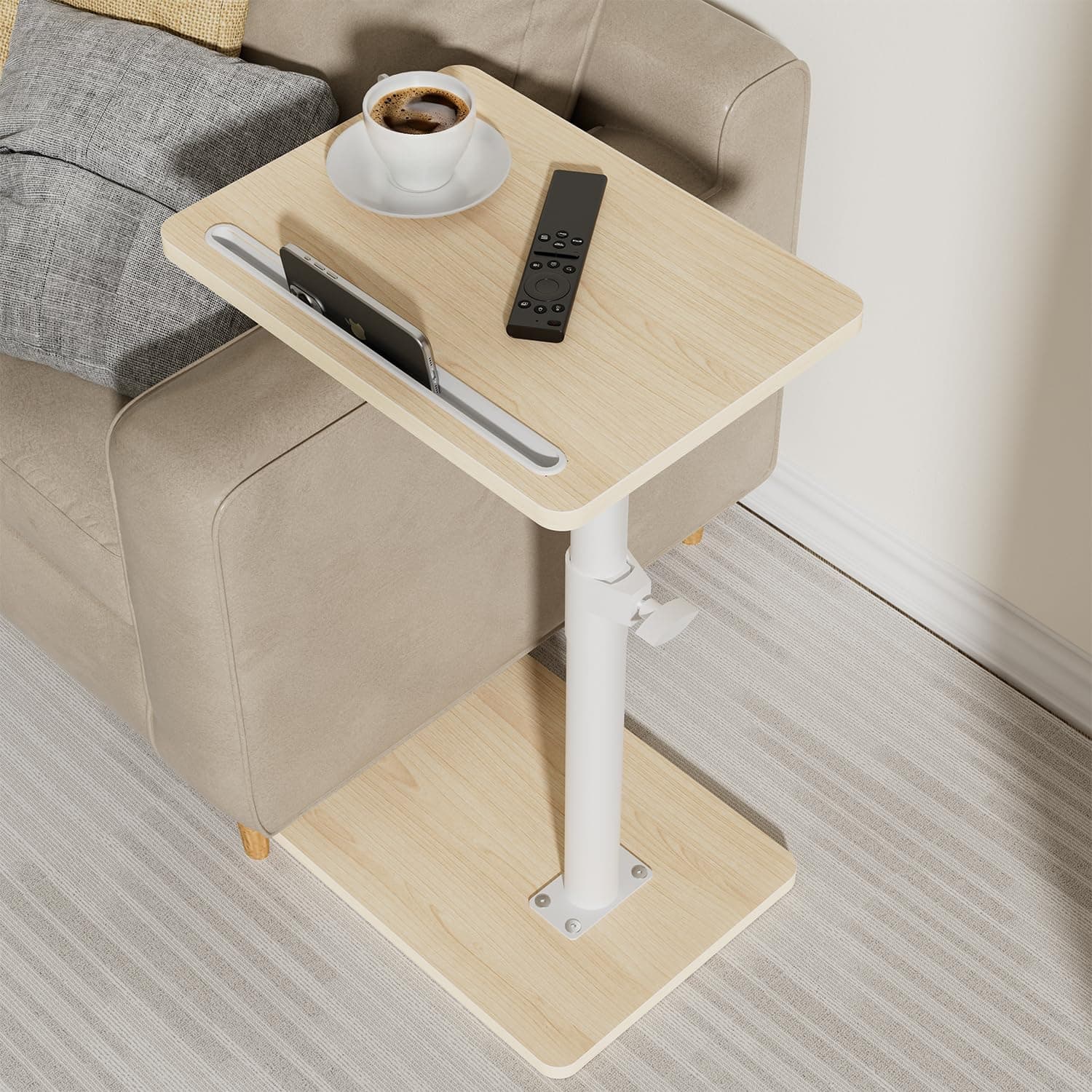 Sofa Armrest Tray Table for Couch - 360 Swivel Height Adjustable End Table for Small Spaces, Snack Side Table for Bed or Chair with Phone & Tablet Slot (Oak, Standard)