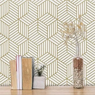 Gold and White Geometric Wallpaper for Walls Sticker 45.5x300.5cm (14-SQFT) Peel and Stick, Removable Self Adhesive, Waterproof Wallpaper, Elegant Wall Decor for Home and Office
