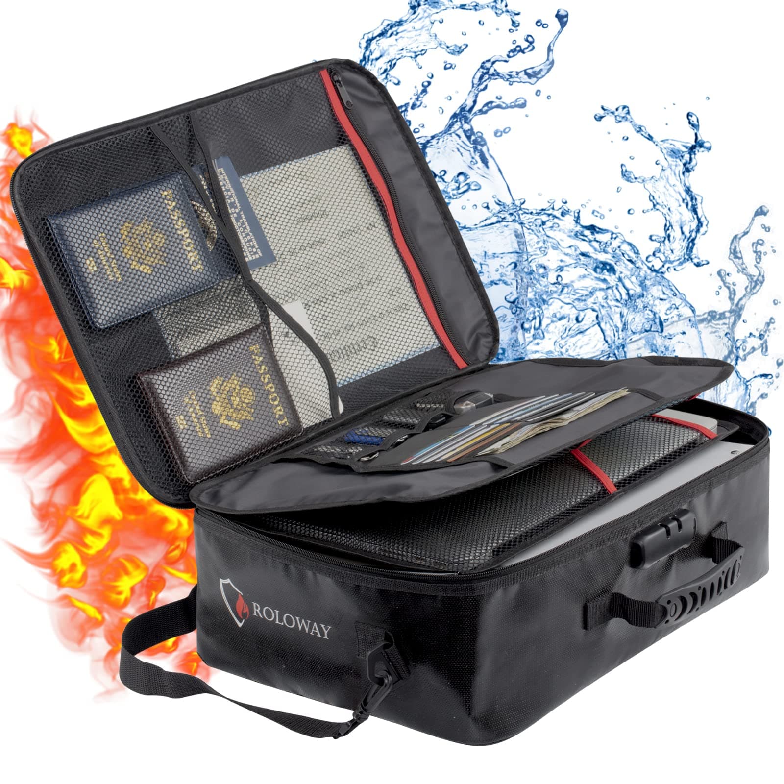ROLOWAY Fireproof Document Bag (17 x 11.8 x 5 inch) with Lock, Fireproof Document Safe Organizer, Fireproof File Storage Bag, Fireproof Bag with Multi-layer Portable File Organizers for Travel (Black)