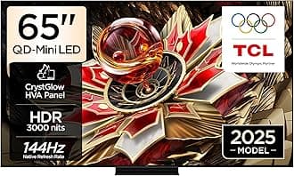 TCL 65Q7C Television 65 Inch Smart TV 4K QD-Mini LED Colorful Quantum Crystal HDR 2600nits Gaming Google TV, 144Hz Native Refresh Rate, Audio by Bang & Olufsen, Dolby Atmos, Game Master (2025 Model)