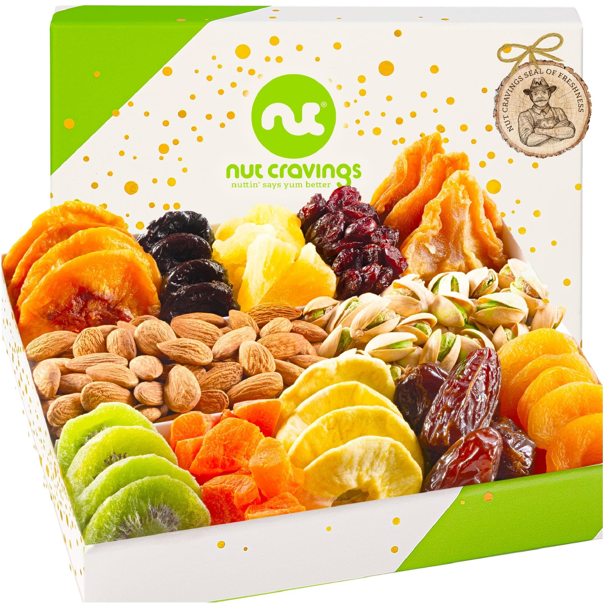 Nut Cravings Gourmet Collection - Dried Fruit and Mixed Nuts Gift Basket in White Gold Box(12 Varieties) Teacher Thank You Arrangement Plate, Birthday Care Package