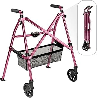 Stander EZ Fold-N-Go Walker Micro, Lightweight Folding Walker for Short Seniors with Swivel Wheels, Regal Rose