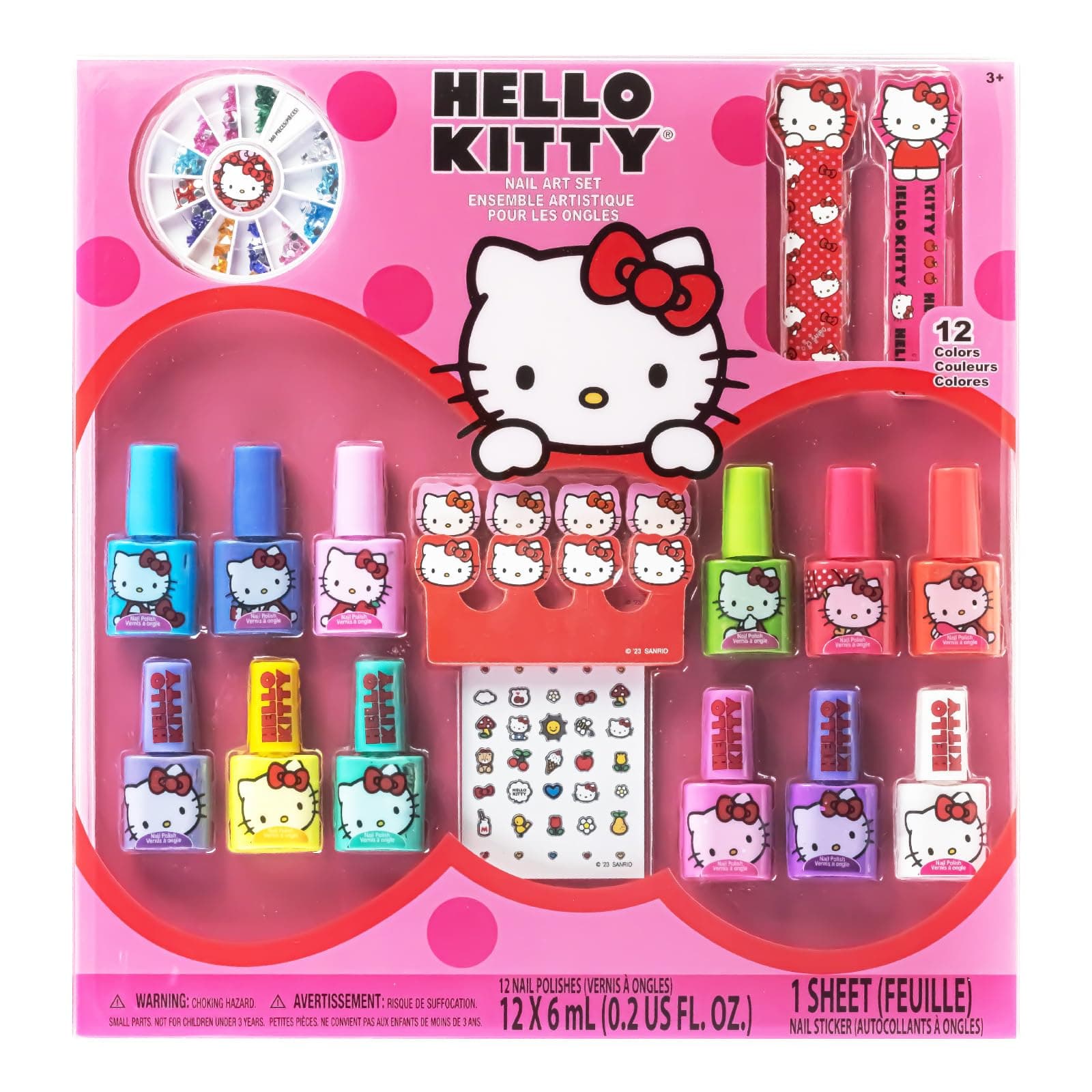 Hello Kitty Water-Based Nail Polish Set, Peel-Off Set with Glittery & Opaque Colors and Nail Accessories for Girls Kids, Perfect for Dress Up, Parties & Makeovers Ages 3+ by Townley Girl