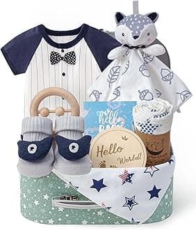 Baby Boy Gifts for Baby Shower, 9pcs Newborn Essential with Fox Lovey/Blanket/Onesie/Wooden Rattle/Socks/Bib/Suitcase, Welcome Baby Gift Box Gender Reveal Infant Boy Gift Basket Set 0-6 Month