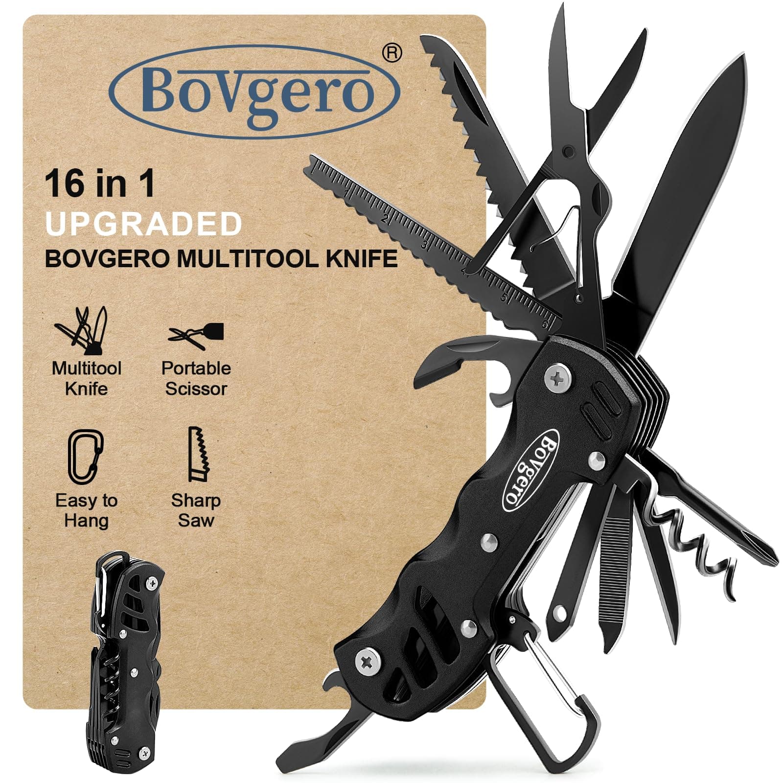Bovgero Multitool Knife, 16 in 1 Pocket Knife, Handmade Multi Tool Knife, Birthday Christmas Gift for Men Women Him Her Boyfriend Girlfriend Dad Husband, Black