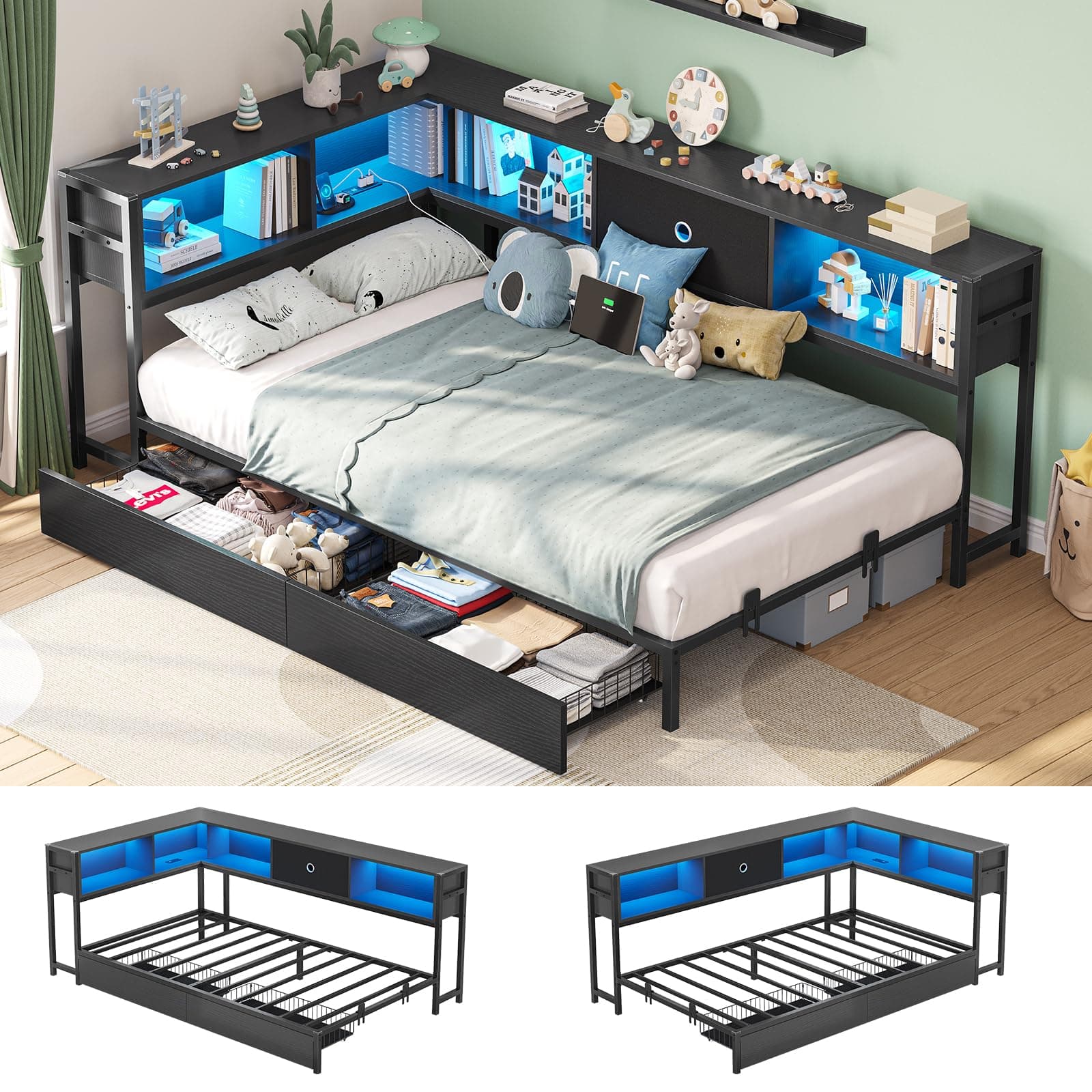 Hasuit Twin Corner Bed Frame with Storage Drawers and Bookcase Headboard, Twin Size Metal Platform Corner Bed Frame with Charging Station and LED Lights, Twin Daybed for Kids Teens Guests, Black