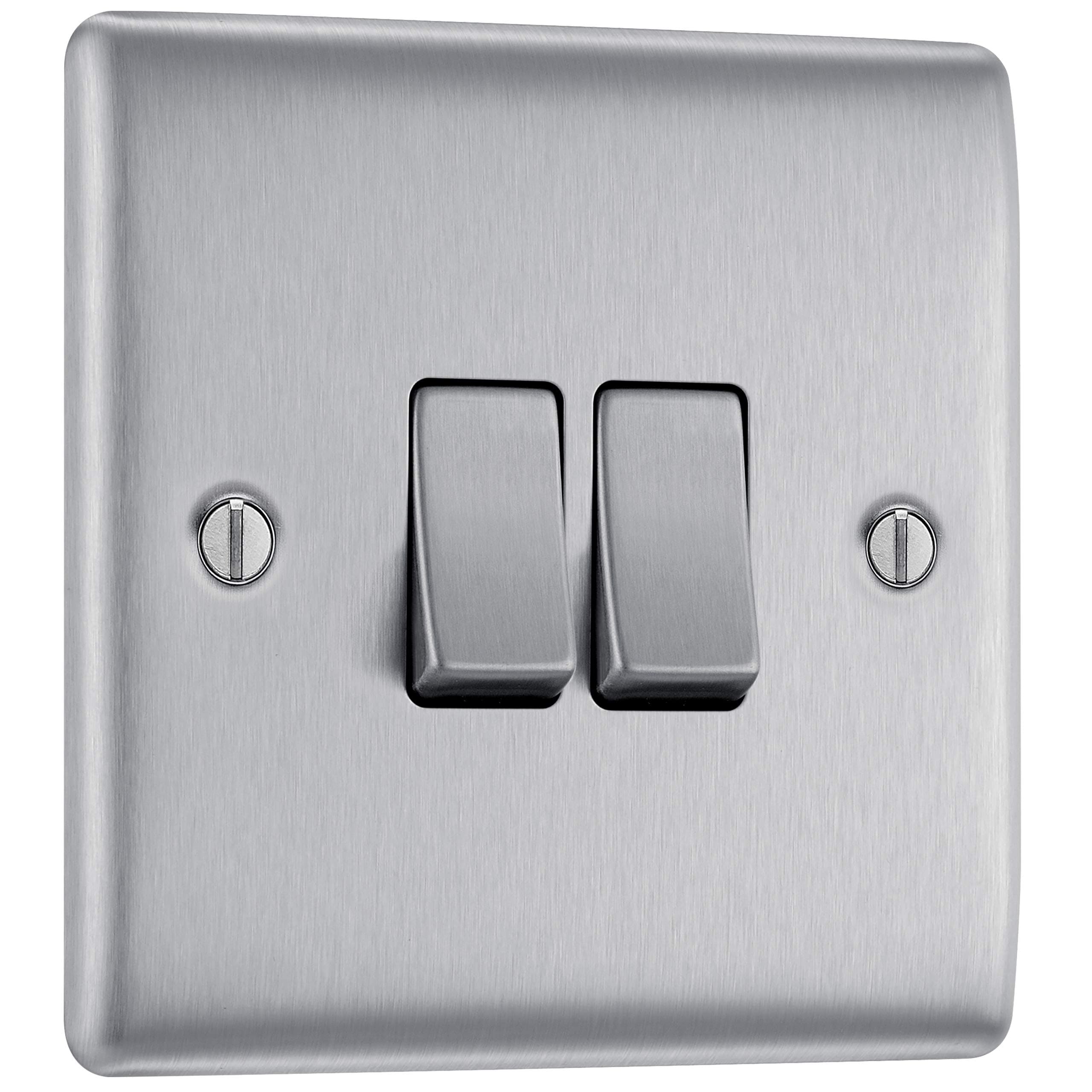 BG Electrical Double Wall Light Switch, 2 Way, Raised and Slim Profile, Round Edges, Nexus Metal, Brushed Steel, 20A, 16AX, NBS42