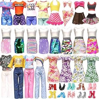 20 Pcs Doll Clothes and Accessories Handmade 2 Sequins Dresses 4 Fashion Dresses 4 Tops and Pants Casual Outfits 10 Shoes for 11.5 inch Girl Dolls