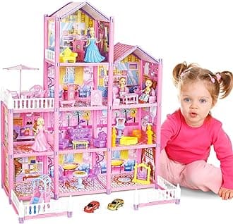 deAO Princess My first Dolls House, Kids Pink Grand Four Story Castle Dolls House Playset With Furniture & Accessories Included Outdoor Space Open Sided Princess Castle Playset for Girls