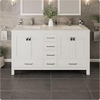 Eviva London 60 Inch Double Vanity Sink - White Double Vanity Sinks for Bathrooms, Bathroom Vanity 60 Inch Double Sink W Carrara Quartz Top & Porcelain Sinks, Bathroom Vanities W/Soft-Closing Drawers