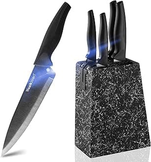 Wanbasion Marbling Black Kitchen Knife Set Block, Kitchen Knife Set Block Wood, Professional Kitchen Knife Set Block with Knife Sharpener…