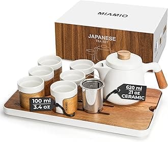 MIAMIO - Japanese/Chinese Tea Set 6 x 3.4 oz/Asian Tea Pot 21 oz with Tea Infuser, Traditional Japanese Tea Cups Set for Tea Lovers/Men/Women (White)